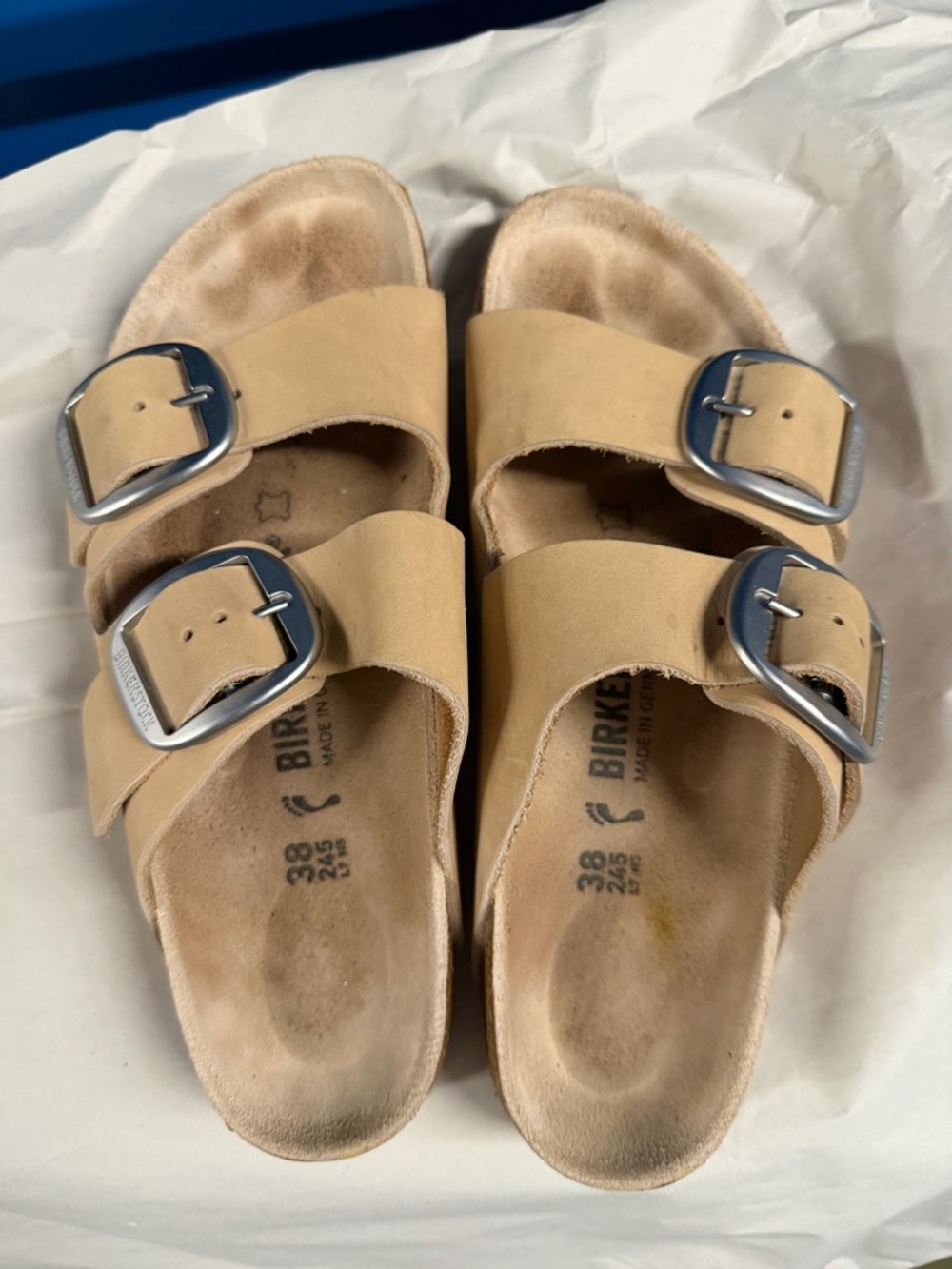 Birkenstock Arizona Sandals with Silver Buckles with blush pink sole